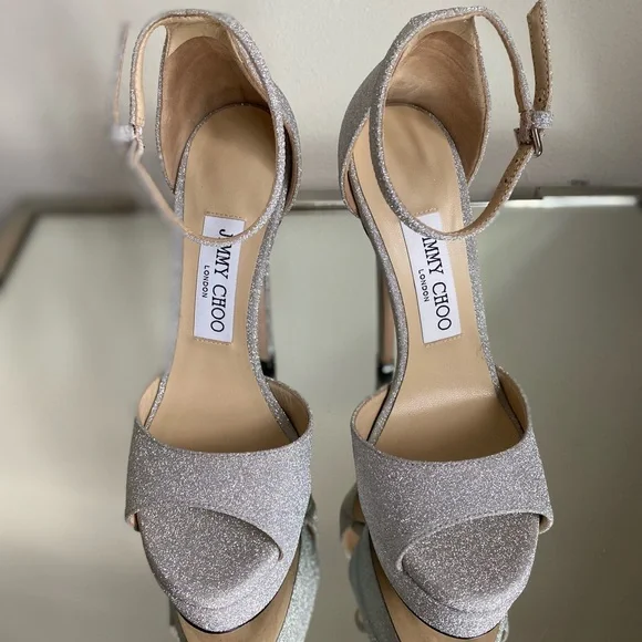 Jimmy Choo Max 150 Metallic Silver Glitter Platform Stiletto Sandals 35 - Picture 14 of 14